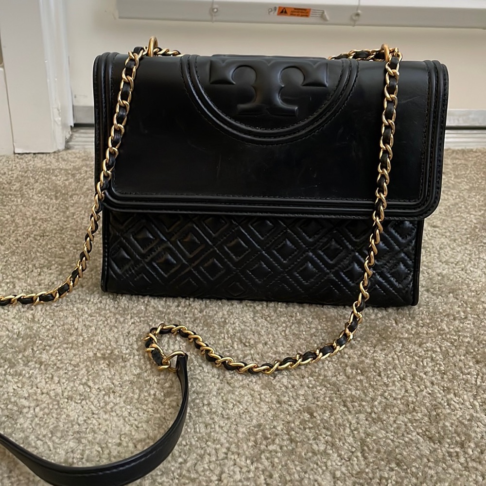 Tory Burch Black Quilted Leather Crossbody with Gold Chain